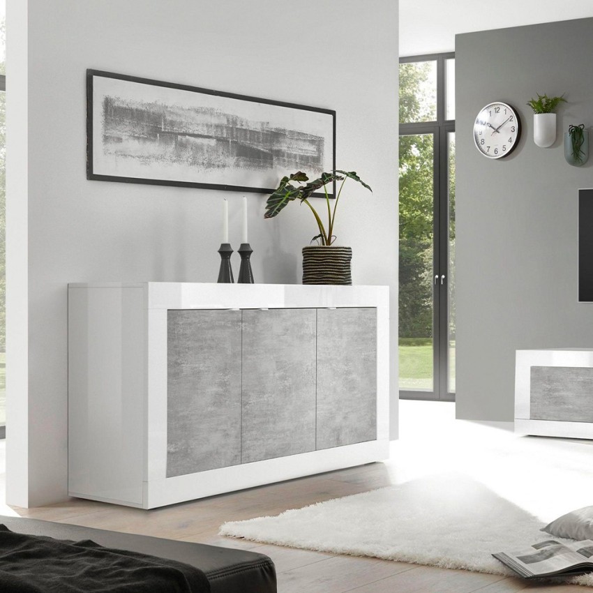 Buffet séjour moderne 3 portes blanc brillant béton Modis BC Basic Promotion Buffet séjour moderne 3 portes blanc brillant béton Modis BC Basic Promotion