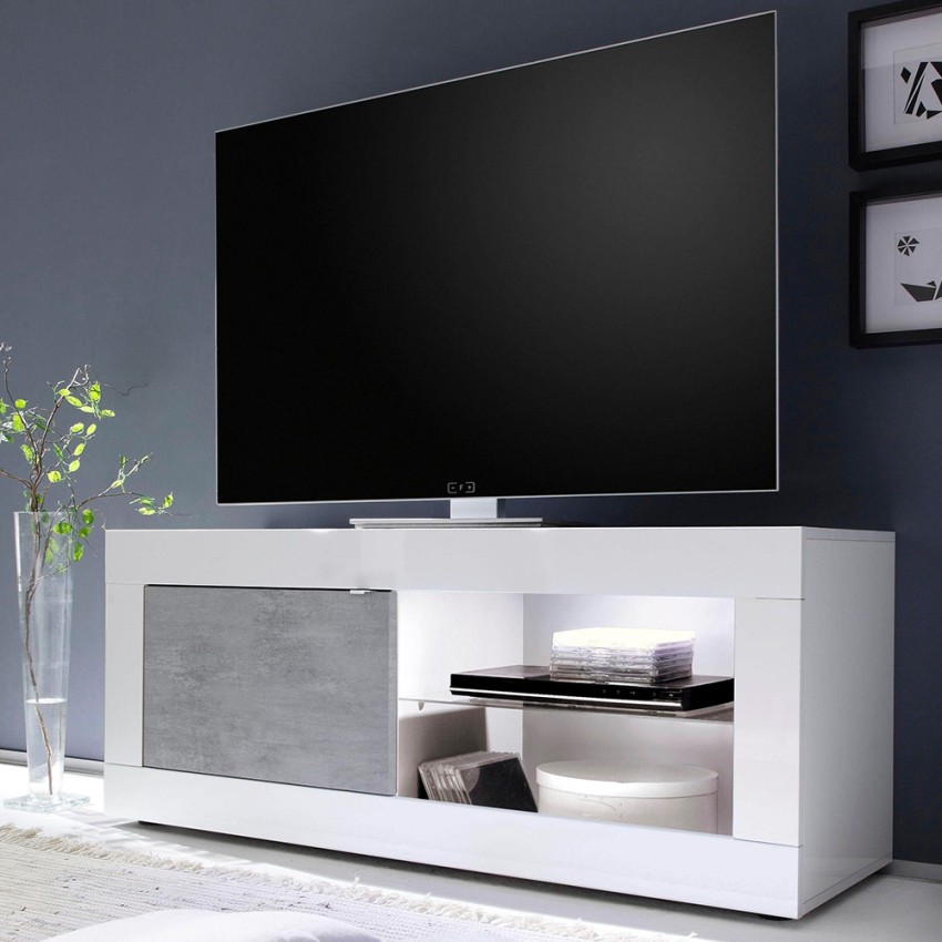 Meuble TV moderne blanc brillant gris ciment Diver BC Basic Promotion Meuble TV moderne blanc brillant gris ciment Diver BC Basic Promotion
