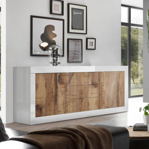 Wohnzimmer-Sideboard mit 2 Türen, 3 Schubladen, glänzend weiß und Holz Tribus BW Basic Aktion