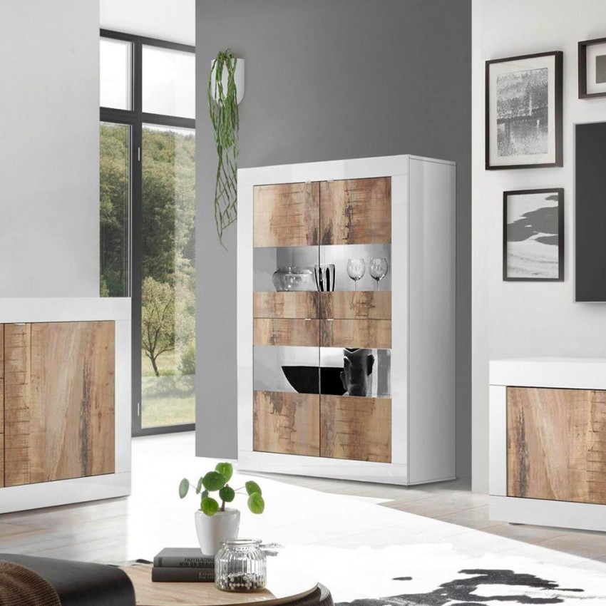 Weißer Hochglanz-Wohnzimmerschrank mit 4 Glas- und Holztüren Tina BW Basic Aktion Weißer Hochglanz-Wohnzimmerschrank mit 4 Glas- und Holztüren Tina BW Basic Aktion