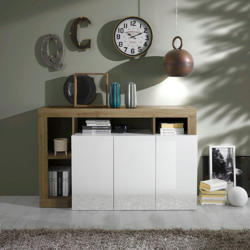 Moderne Anrichte 3 Türen weiß hochglänzend Eiche 146cm Hailey BR Aktion Moderne Anrichte 3 Türen weiß hochglänzend Eiche 146cm Hailey BR Aktion
