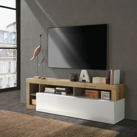 Mobile porta TV soggiorno moderno 184cm bianco lucido rovere Dorian BR Promozione