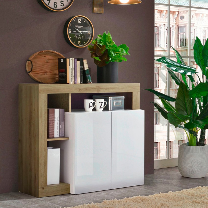 Buffet de salon ou bureau Reva BR, 2 portes, blanc laqué et chêne Promotion Buffet de salon ou bureau Reva BR, 2 portes, blanc laqué et chêne Promotion