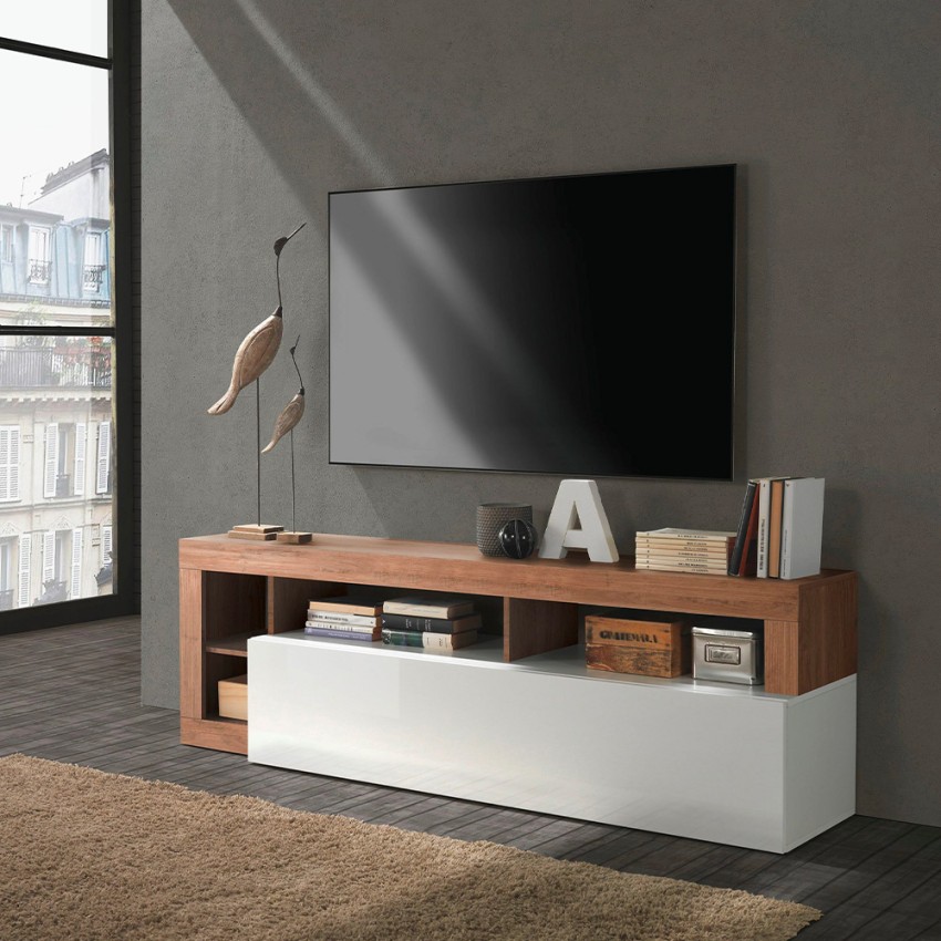 Mobiles TV-Gerät im modernen Wohnzimmer aus Holz mit glänzend weißer Tür Dorian MR. Aktion