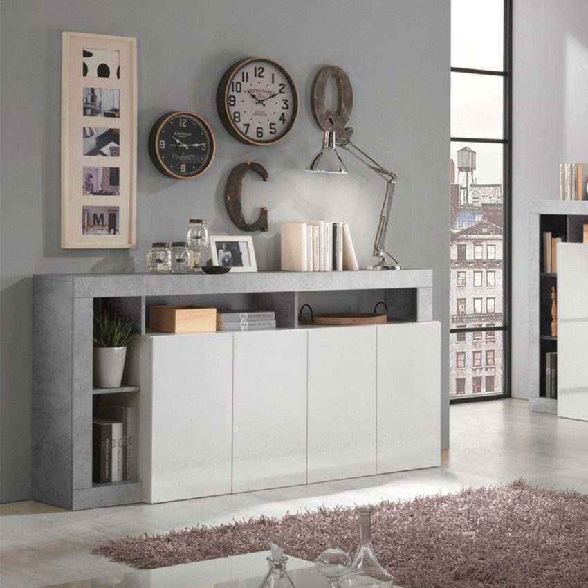 Buffet de salon 4 portes blanc brillant gris ciment Cadiz BC Promotion Buffet de salon 4 portes blanc brillant gris ciment Cadiz BC Promotion