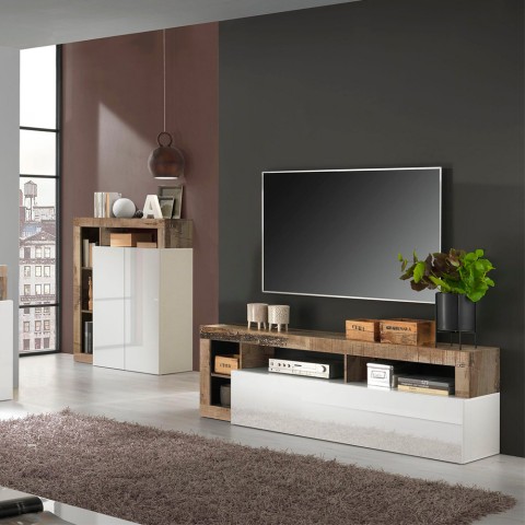 Mobiler Wohnzimmerschrank mit Fernsehtür aus glänzendem weißem Holz mit Klapptür: Dorian BP. Aktion