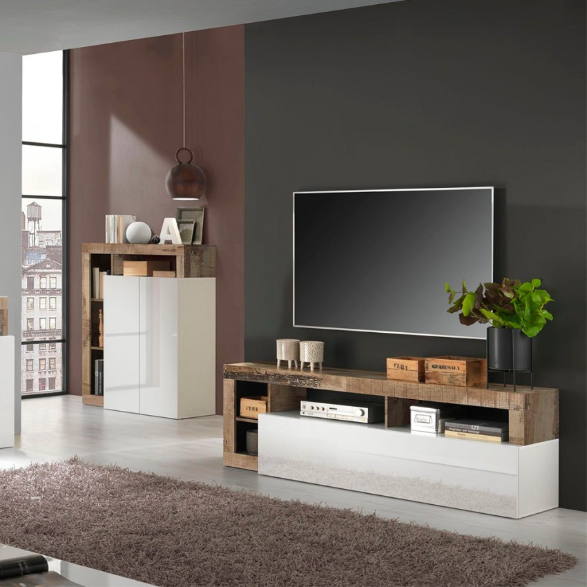 Mobiler Wohnzimmerschrank mit Fernsehtür aus glänzendem weißem Holz mit Klapptür: Dorian BP. Aktion