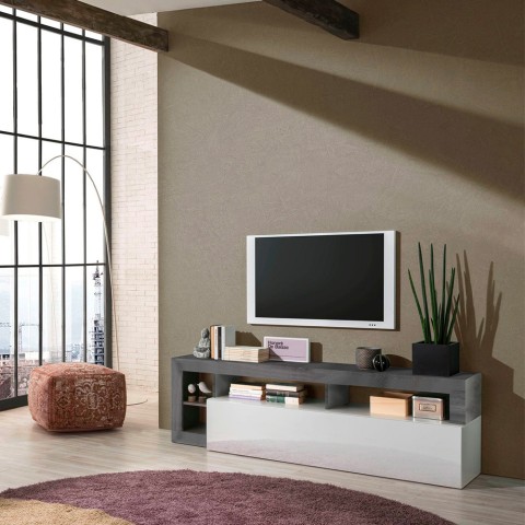 Meuble TV portable design moderne 184cm noir blanc brillant Dorian BX. Promotion
