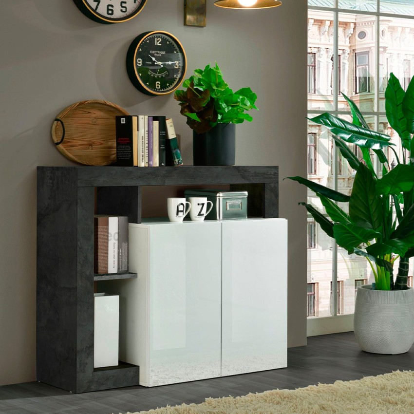 Moderne Hochglanz-Kommode Reva BX im Wohnzimmer, Weiß mit 2 schwarzen Türen Aktion Moderne Hochglanz-Kommode Reva BX im Wohnzimmer, Weiß mit 2 schwarzen Türen Aktion