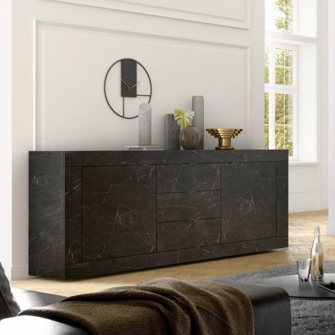 Moderne schwarze Sideboard mit Marmoreffekt, 2 Türen, 3 Schubladen, Tribus MB Basic. Aktion