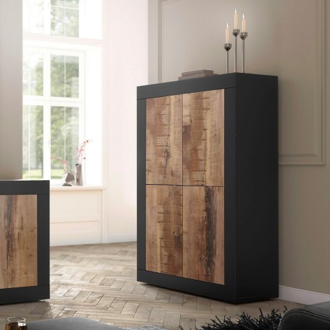 Industrielle Design-Sideboard mit 4 matten schwarzen Türen und Holz Novia NP Basic Aktion