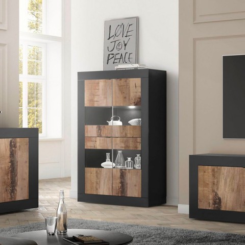 Industrie-Glasvitrine Wohnzimmer, 4 Türen, Schwarz, Holz, Modell Tina NP Basic Aktion