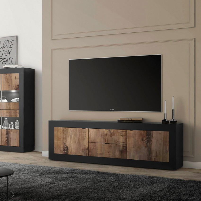 Meuble TV industriel 210cm, 2 portes, 2 tiroirs, bois noir Visio NP Promotion Meuble TV industriel 210cm, 2 portes, 2 tiroirs, bois noir Visio NP Promotion