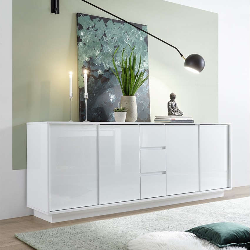 Buffet moderne 210cm 4 portes 3 tiroirs blanc brillant Maine Ice Promotion Buffet moderne 210cm 4 portes 3 tiroirs blanc brillant Maine Ice Promotion