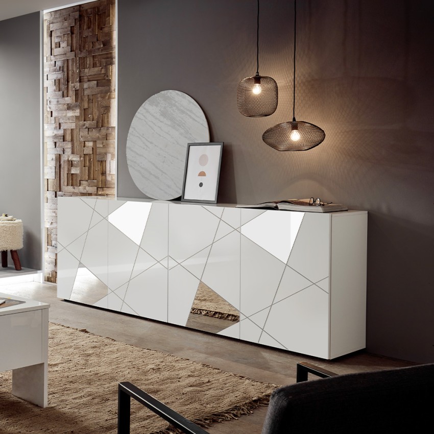 Sideboard für Wohnzimmer 4 Türen 241cm Hochglanz Weiß mit Spiegel Vittoria WH L Aktion Sideboard für Wohnzimmer 4 Türen 241cm Hochglanz Weiß mit Spiegel Vittoria WH L Aktion