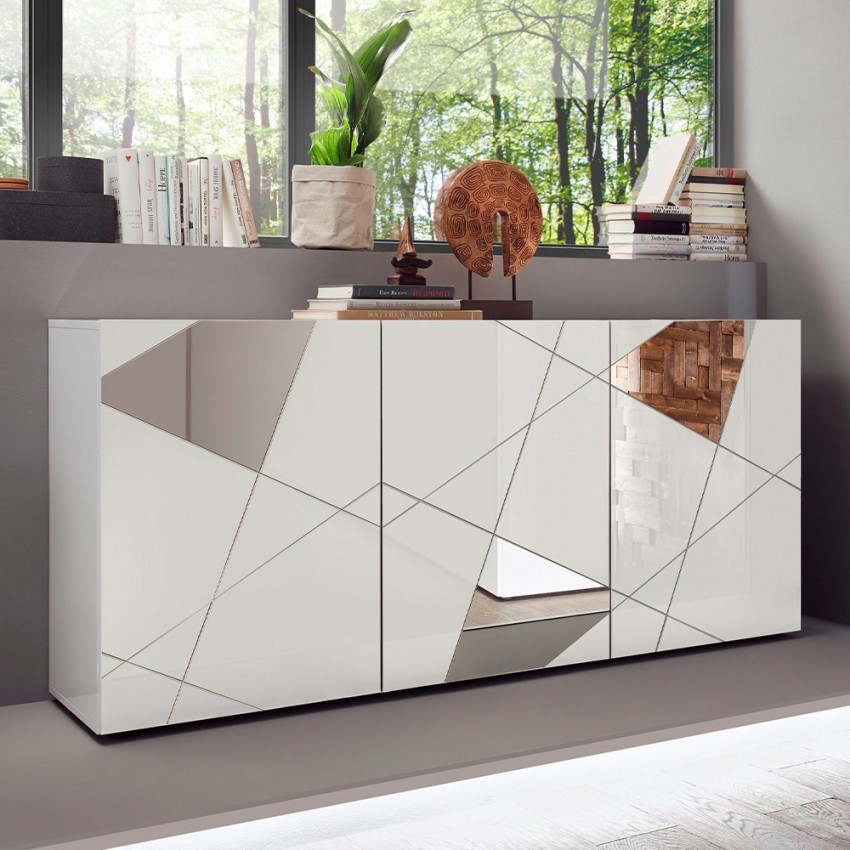 Moderne Hochglanz-Kommode weiß 181cm 3 Türen Spiegel Vittoria WH S Aktion Moderne Hochglanz-Kommode weiß 181cm 3 Türen Spiegel Vittoria WH S Aktion