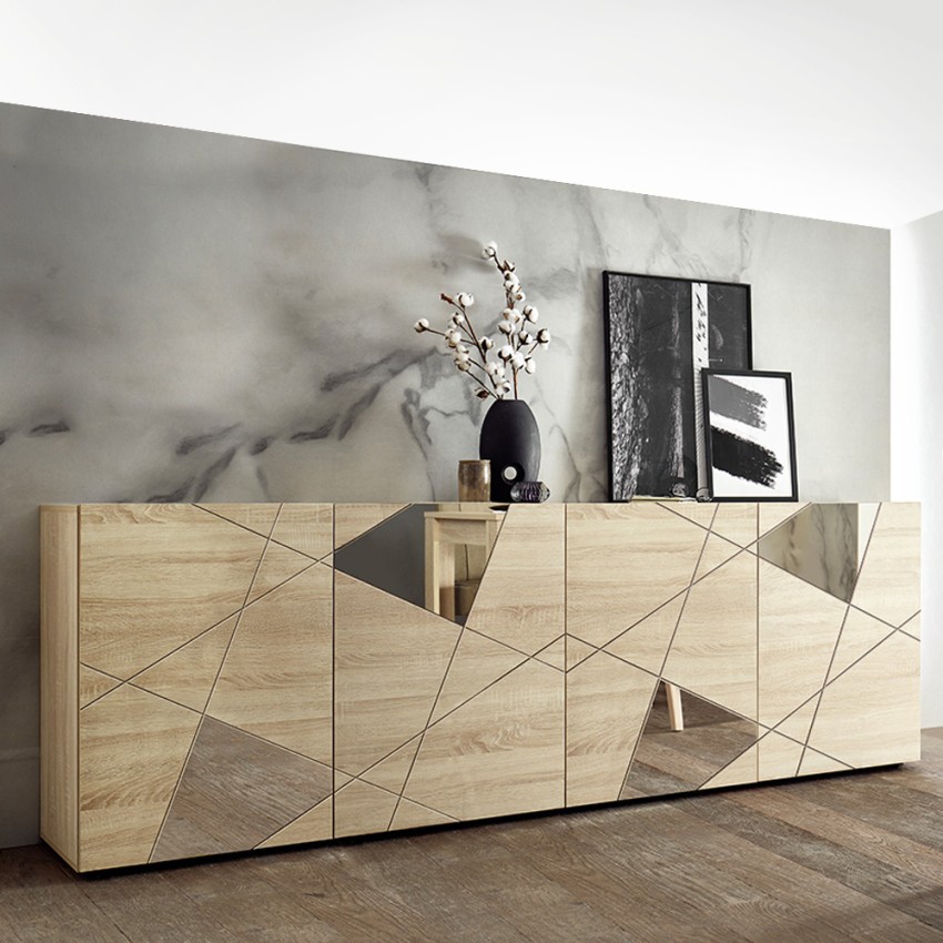 Moderne Anrichte Holz Eiche 241cm mit 4 Spiegeltüren Vittoria RS L Aktion Moderne Anrichte Holz Eiche 241cm mit 4 Spiegeltüren Vittoria RS L Aktion
