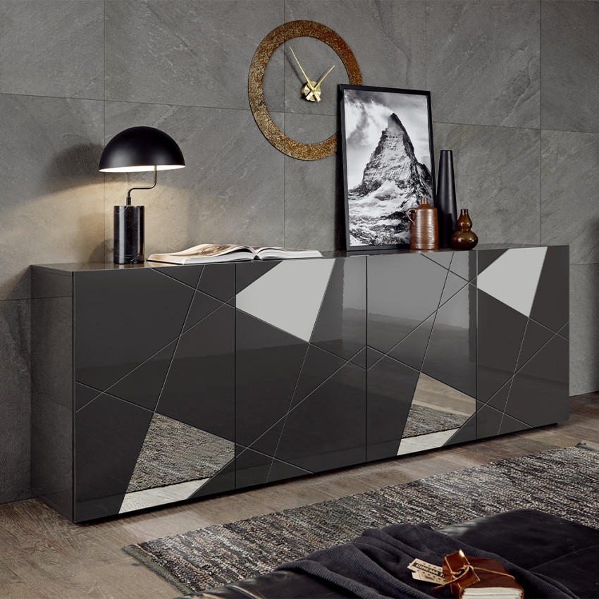 Buffet moderne 4 portes gris brillant avec miroirs Vittoria GR L Promotion Buffet moderne 4 portes gris brillant avec miroirs Vittoria GR L Promotion