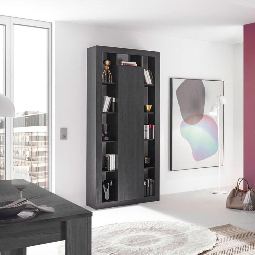 Moderne schwarze Standregal aus Holz, Höhe 217 cm, mit zentraler Tür Jote NR Aktion Moderne schwarze Standregal aus Holz, Höhe 217 cm, mit zentraler Tür Jote NR Aktion