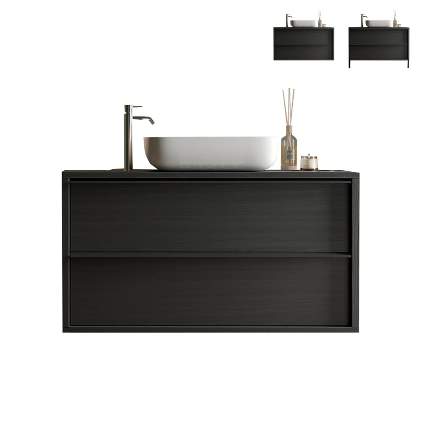 Meuble de salle de bains moderne noir suspendu au sol avec lavabo et 2 tiroirs Bloom 110 Promotion Meuble de salle de bains moderne noir suspendu au sol avec lavabo et 2 tiroirs Bloom 110 Promotion