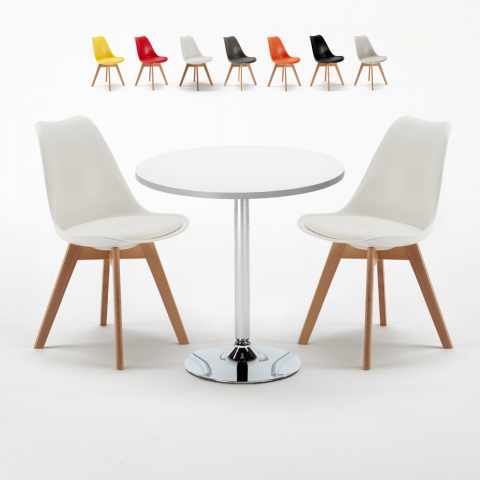 Table blanche ronde 70x70cm 2 chaises colorées d'intérieur bar café Nordica Long Island Promotion