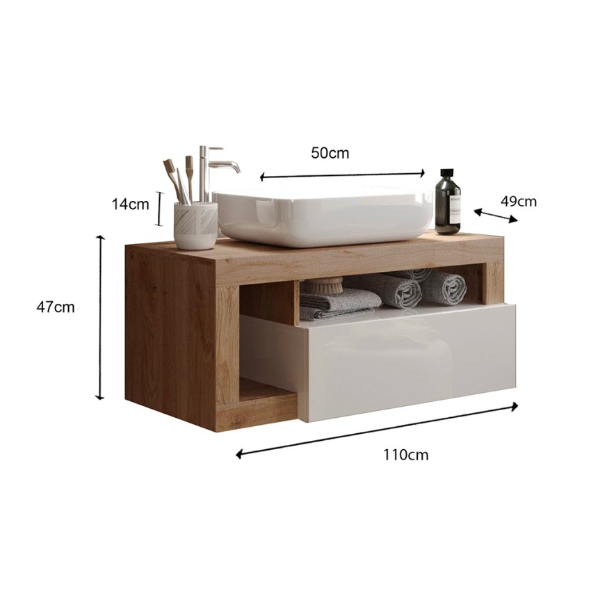 Kura BW mobile bagno moderno sospeso con lavabo cassetto legno bianco