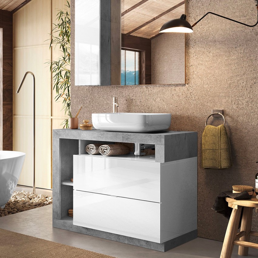 Kura BW mobile bagno moderno sospeso con lavabo cassetto legno bianco