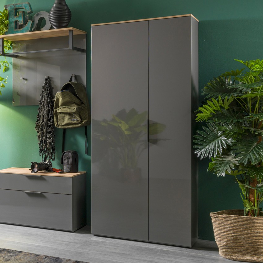 Armoire entrée 2 portes polyvalente design moderne en bois gris Konrad Promotion Armoire entrée 2 portes polyvalente design moderne en bois gris Konrad Promotion