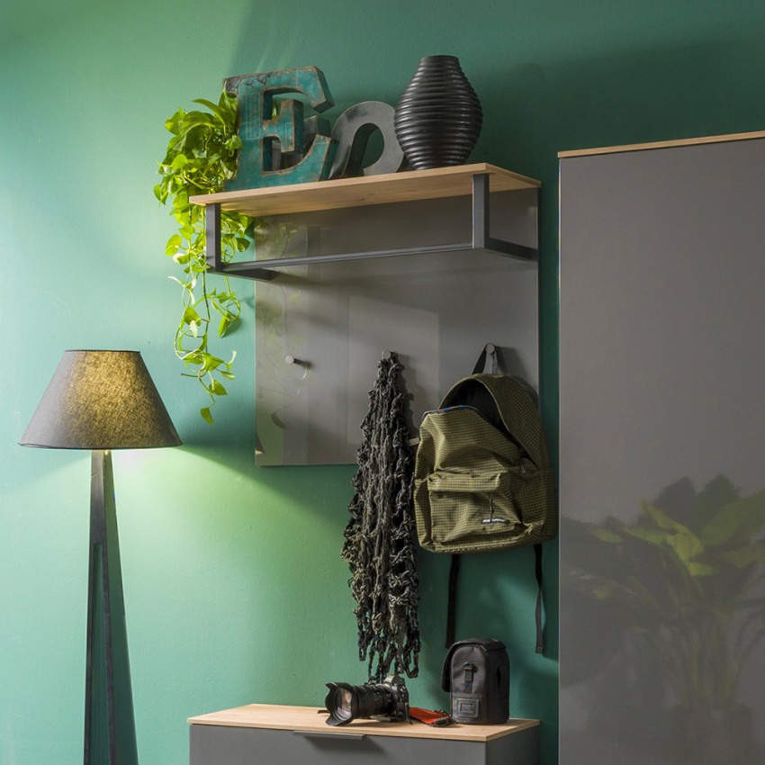Porte-manteau mural moderne entrée avec une barre et 3 crochets en bois gris Nay Promotion Porte-manteau mural moderne entrée avec une barre et 3 crochets en bois gris Nay Promotion
