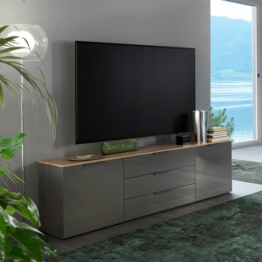 Mobiler TV-Unterschrank 200 cm modern, 2 Türen, 3 Schubladen, graue Eiche Galad. Aktion Mobiler TV-Unterschrank 200 cm modern, 2 Türen, 3 Schubladen, graue Eiche Galad. Aktion