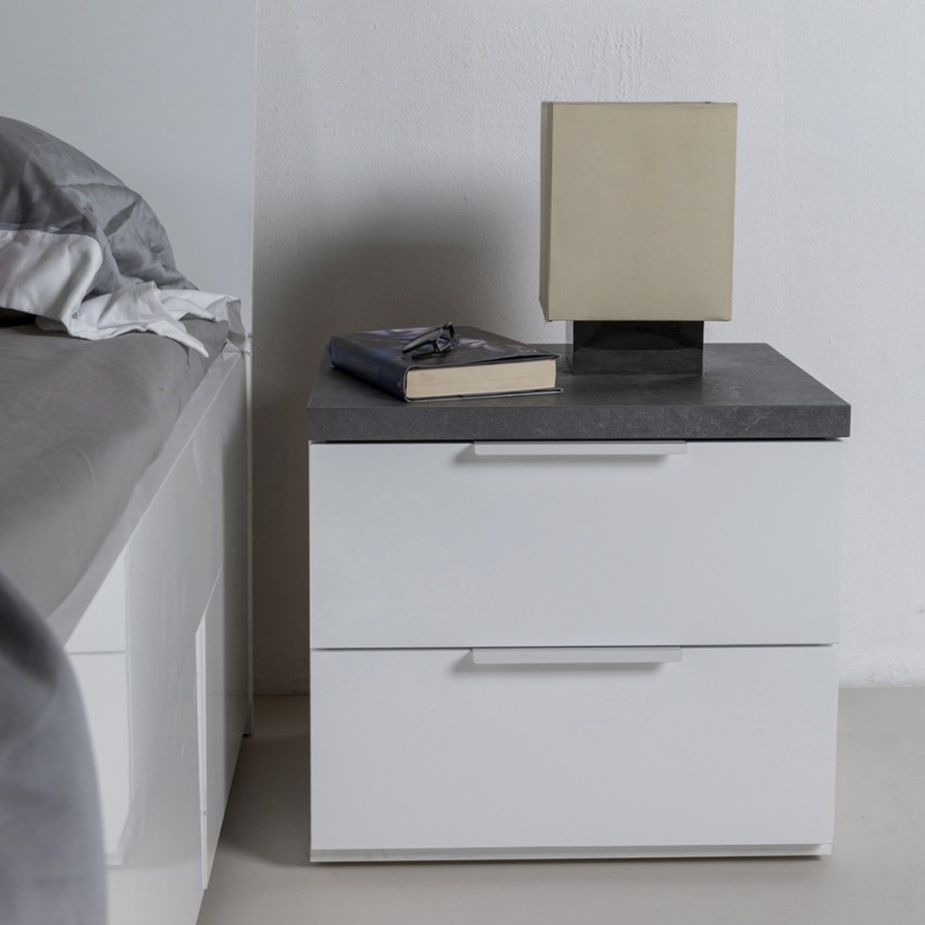 Comodino camera da letto moderno 2 cassetti bianco top grigio Robyn Promozione Comodino camera da letto moderno 2 cassetti bianco top grigio Robyn Promozione