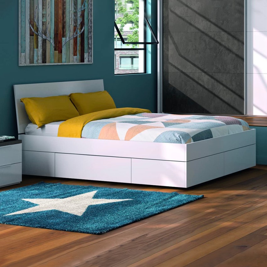 Doppelbett 160x200cm mit Stauraum und Schubladen, lackiert in weiß Teide. Aktion Doppelbett 160x200cm mit Stauraum und Schubladen, lackiert in weiß Teide. Aktion