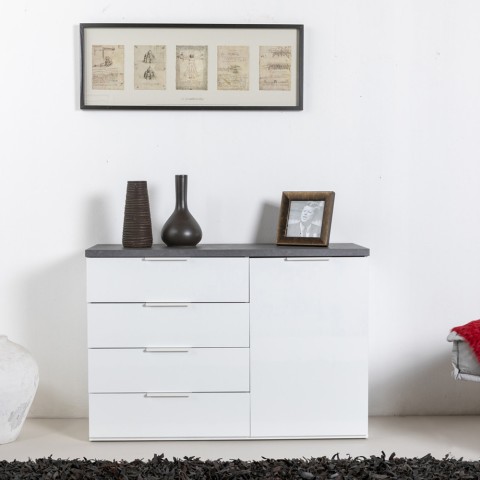 Buffet salon 1 porte 4 tiroirs moderne blanc et gris Clea Promotion