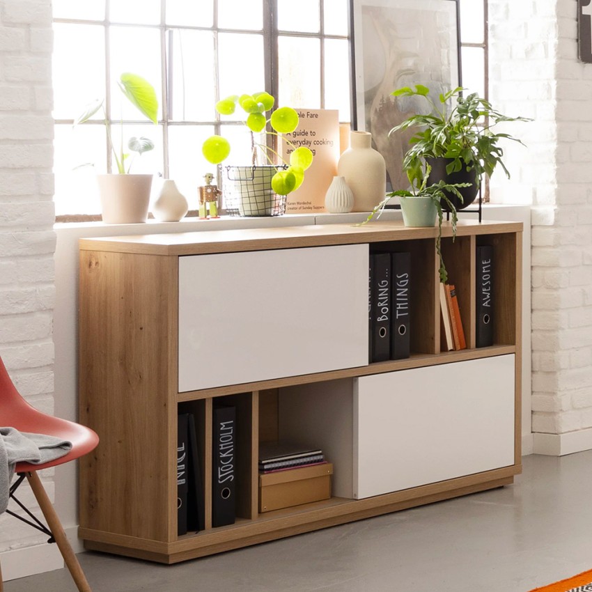 Buffet meuble avec 2 portes coulissantes salon en chêne blanc laqué Elea Promotion Buffet meuble avec 2 portes coulissantes salon en chêne blanc laqué Elea Promotion