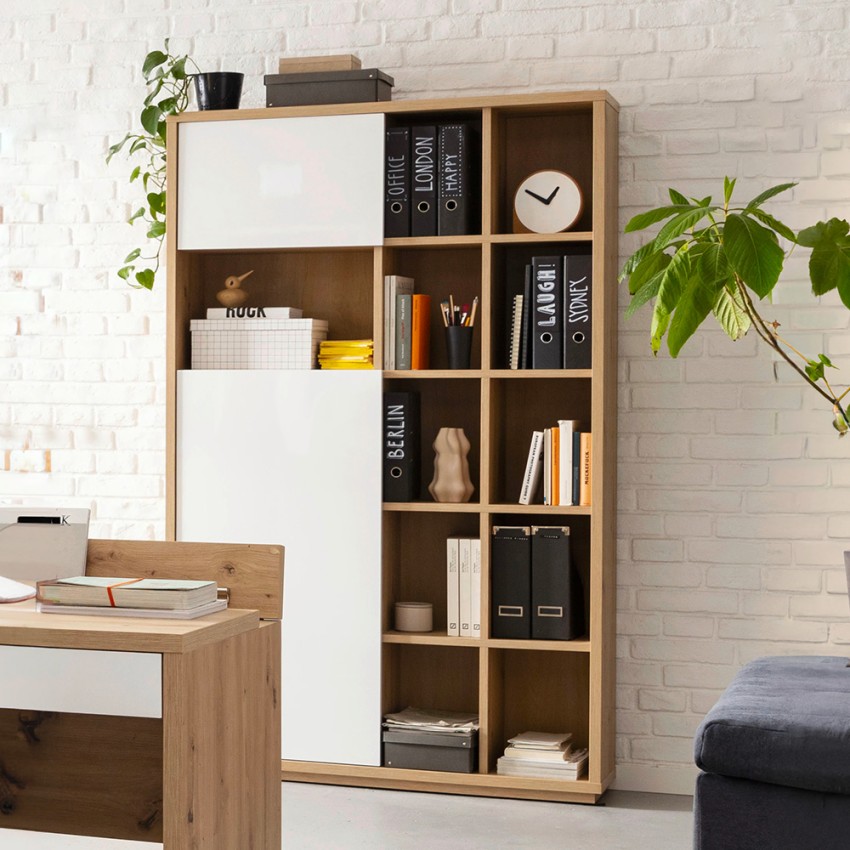 Libreria soggiorno moderna legno rovere 2 ante bianco lucido Sharon Promozione Libreria soggiorno moderna legno rovere 2 ante bianco lucido Sharon Promozione