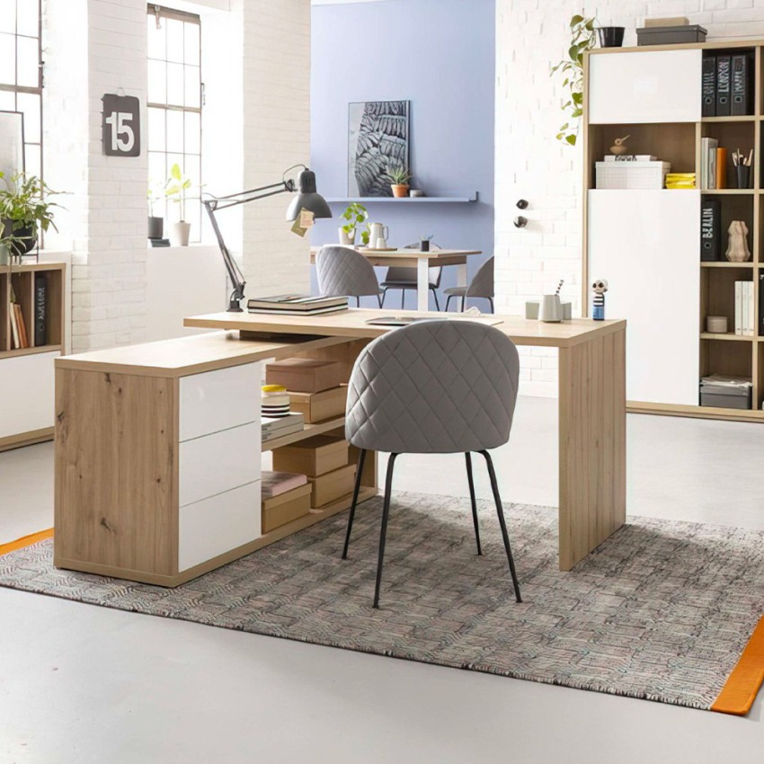 Bureau d'angle en bois 3 tiroirs blanc laqué Lex Promotion Bureau d'angle en bois 3 tiroirs blanc laqué Lex Promotion