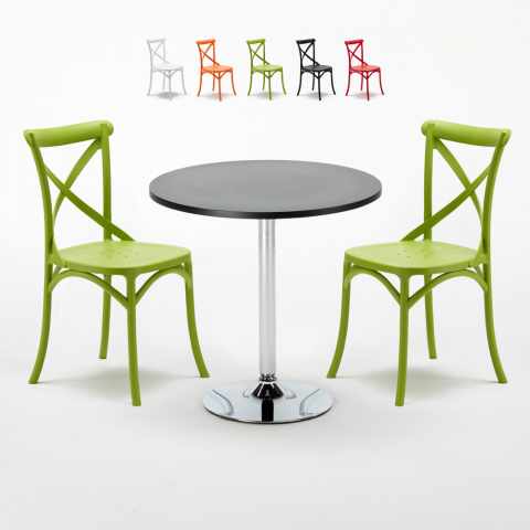 Table ronde noire 70x70cm et 2 Chaises Colorées Set Intérieur Bar Café Vintage Cosmopolitan Promotion
