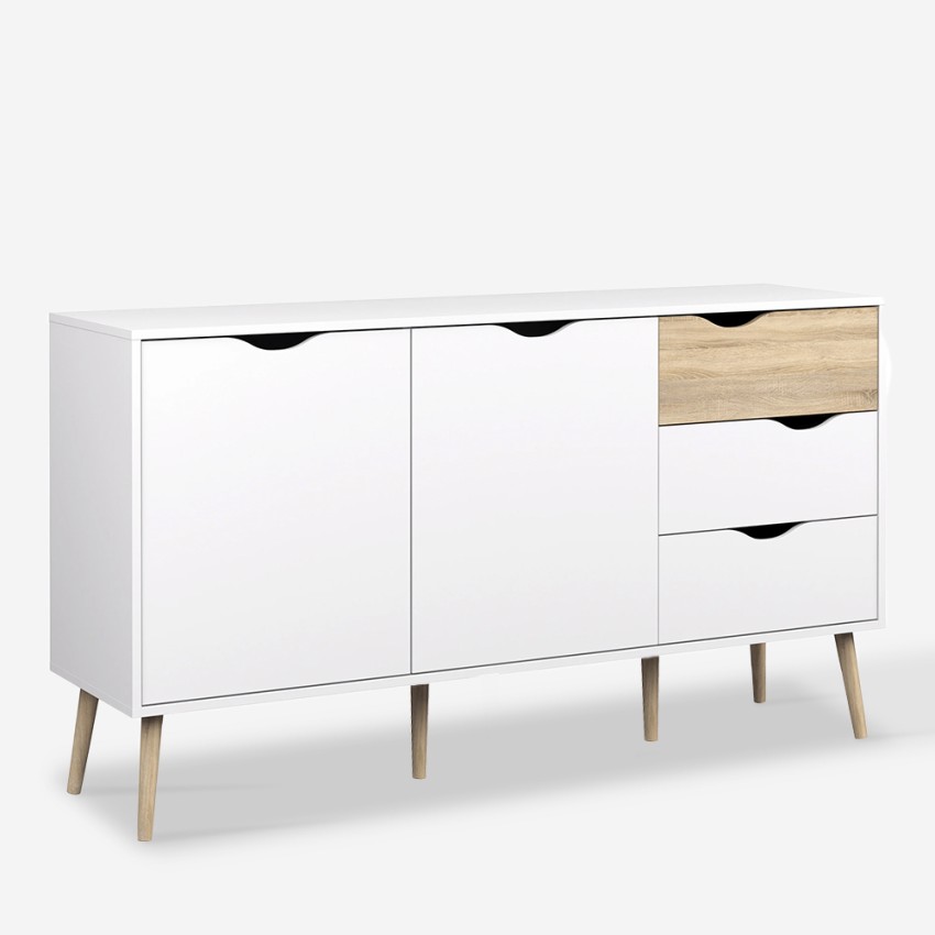 Credenza stile scandinavo 2 ante 3 cassetti bianco legno Kinitoo Promozione