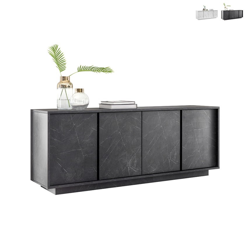 Credenza madia design moderno 4 ante effetto marmo 180x43x79cm Athens Promozione