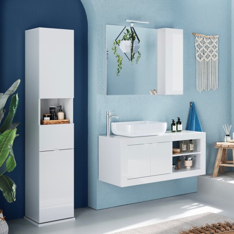 Mobile colonne de salle de bain pivotant blanc avec porte miroir et tiroir Tilda Promotion