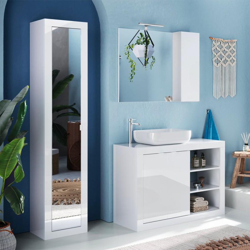 Letty mobiler Badezimmerschrank mit Spiegeltür 42x35x195 glänzendes Weiß