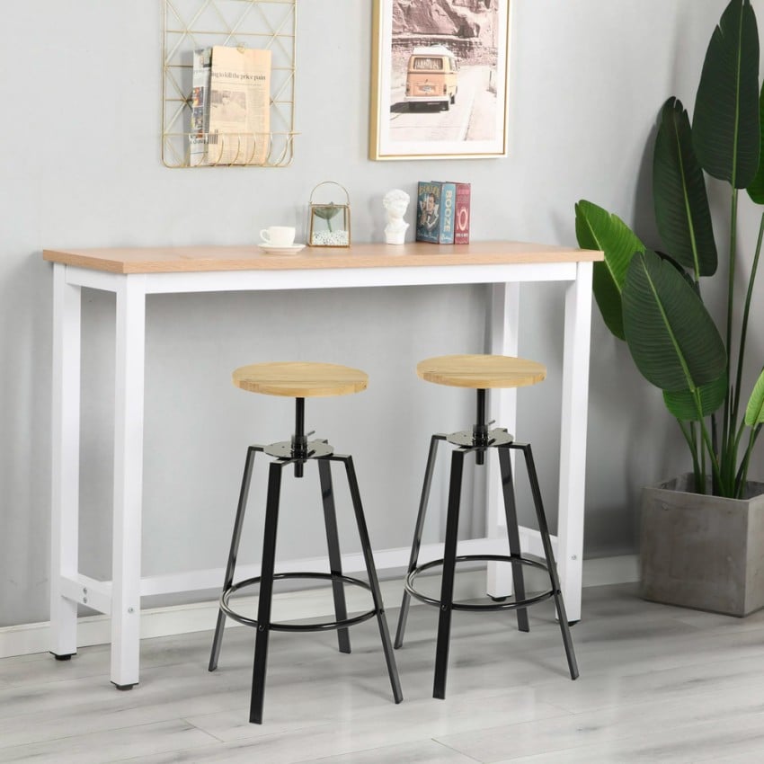 Creswell set tavolo alto bianco legno 140x40cm 2 sgabelli bar girevoli