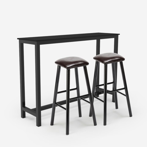 Set hoher Tisch 140x40 schwarz 2 gepolsterte Hocker Kunstleder Bar Küche Spickard Aktion