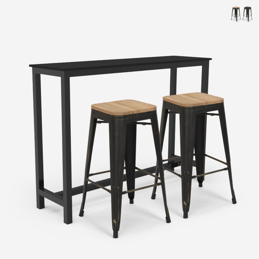 set hoher tisch 140x40cm 2 hocker holz metall schwarz bar küche seymour Aktion set hoher tisch 140x40cm 2 hocker holz metall schwarz bar küche seymour Aktion
