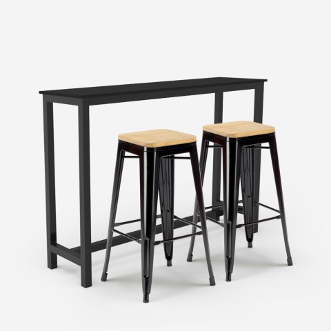 set tavolo alto bar cucina 2 sgabelli industriale nero legno knott Promozione