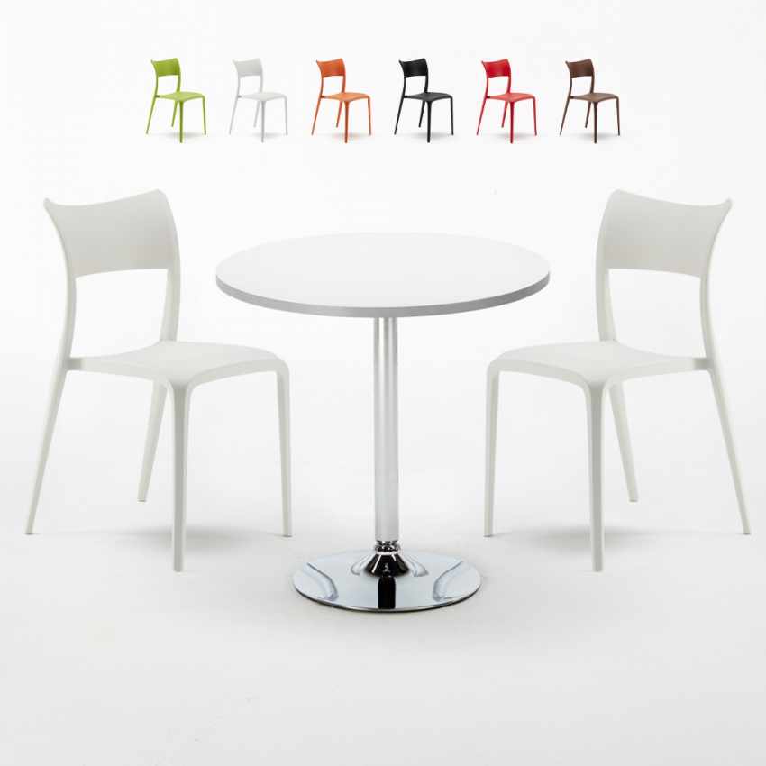 Table ronde blanche 70x70 et 2 chaises colorées bar café Parisienne Long Island Promotion