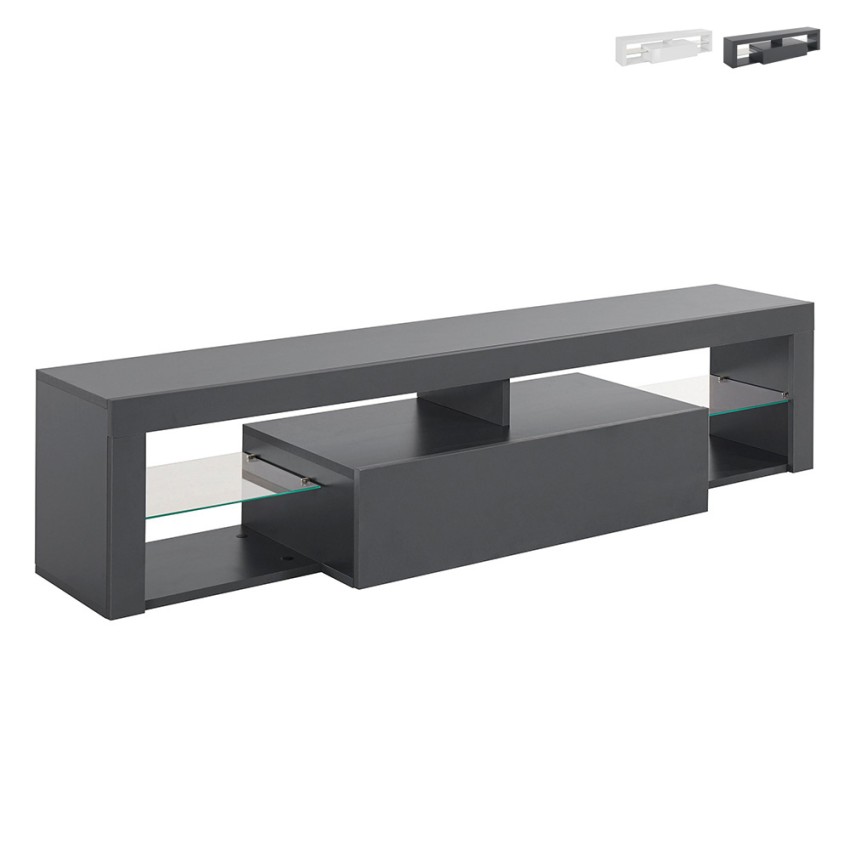 Meuble TV moderne avec porte abattante, étagères en verre 160 cm Helix Promotion Meuble TV moderne avec porte abattante, étagères en verre 160 cm Helix Promotion