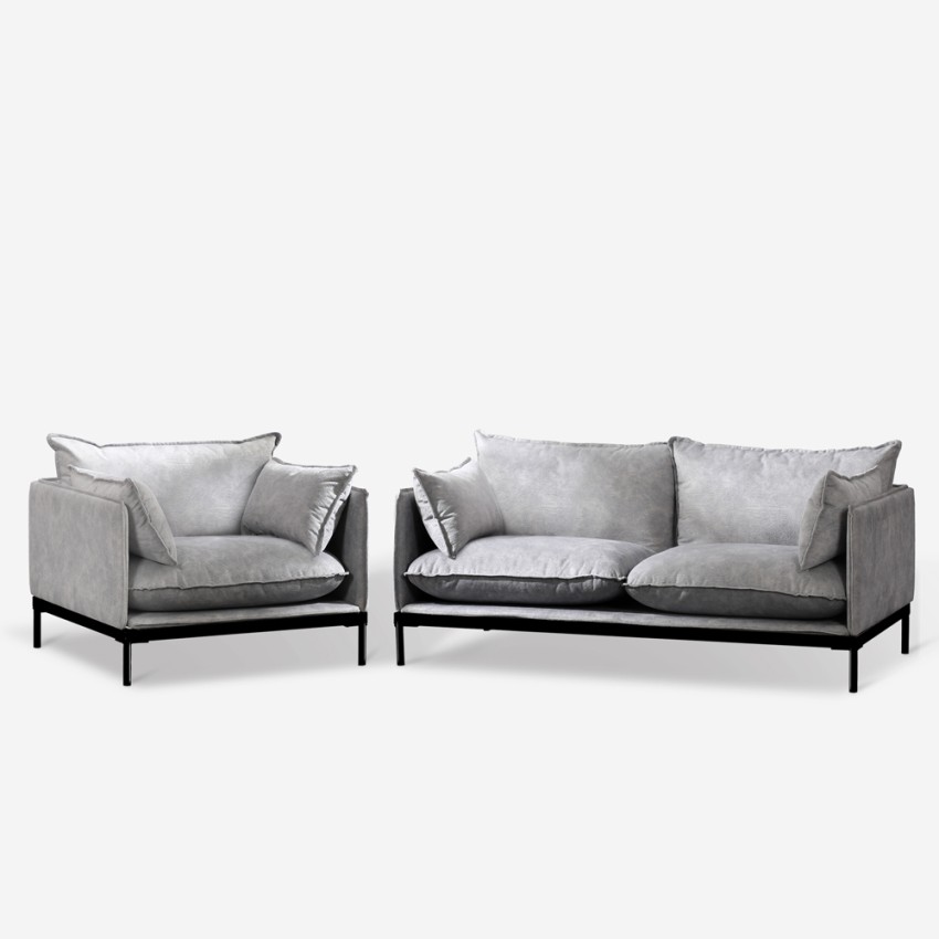 Set divano 2 posti poltrona in tessuto grigio stile moderno Hannover Promozione