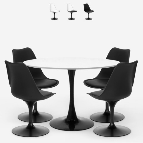 Set runder Tisch 120cm 4 Stühle Tulipan aus weißem und schwarzem Polycarbonat Crayon+ Aktion