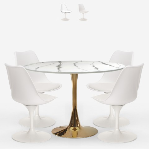 Set 4 Tulipan Stühle weißer, runder Tisch mit goldener Marmoreffekt-Oberfläche, 120cm Durchmesser Saidu+ Aktion